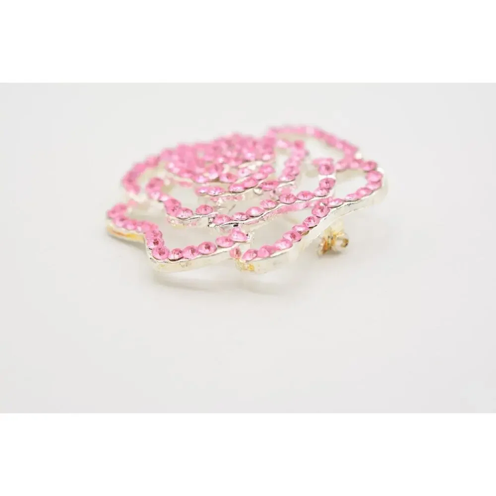 Vintage Rose Pin Brooch Flower Pink Lucite Rhinestone Crystal Silver Tone Bin5B